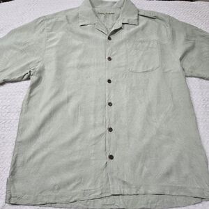 Tommy Bahama Shirt Mens Large Button Up Sage Silk Floral Hawaii Travel Vacation